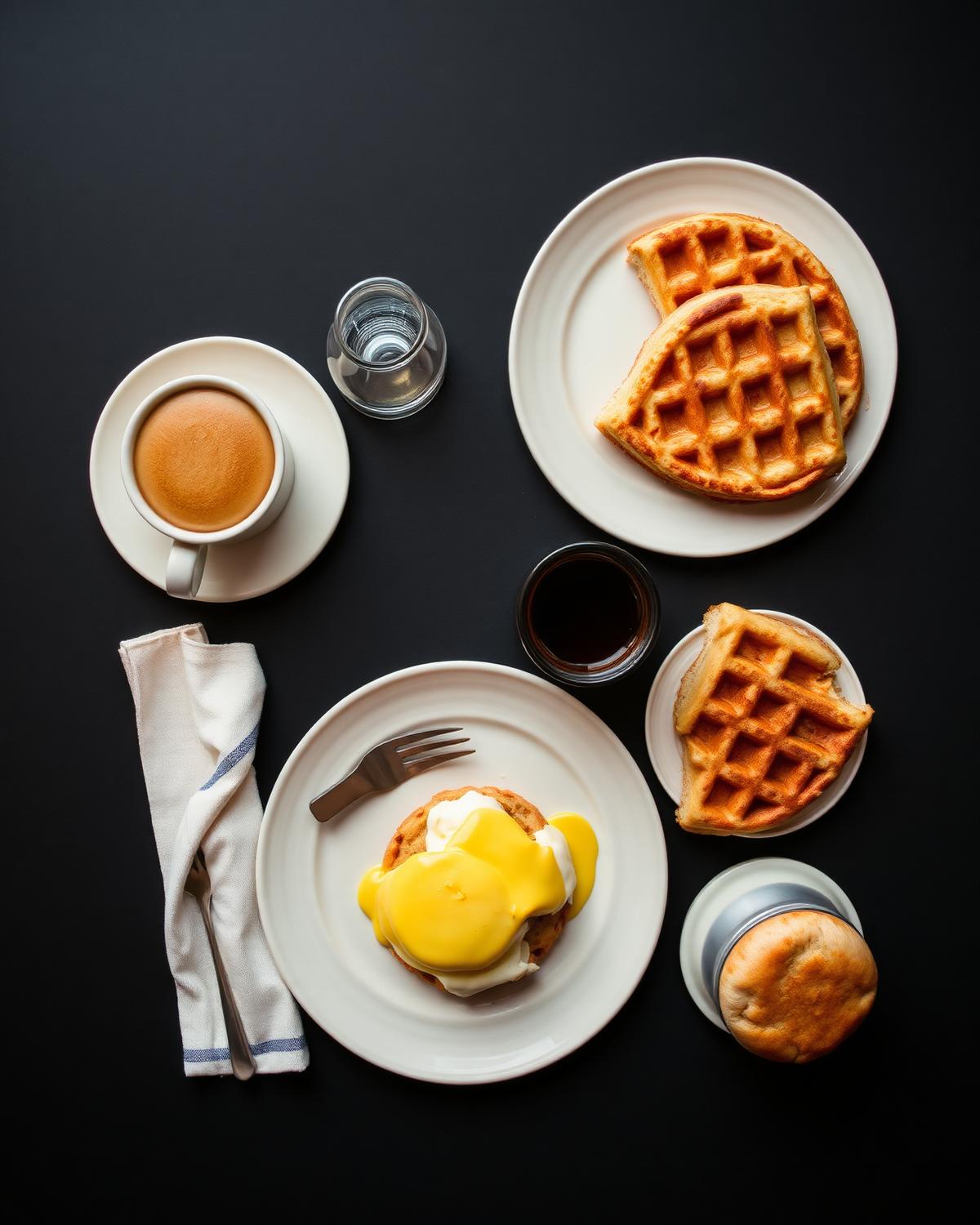 Overhead brunch table with waffles, eggs benedict and coffee